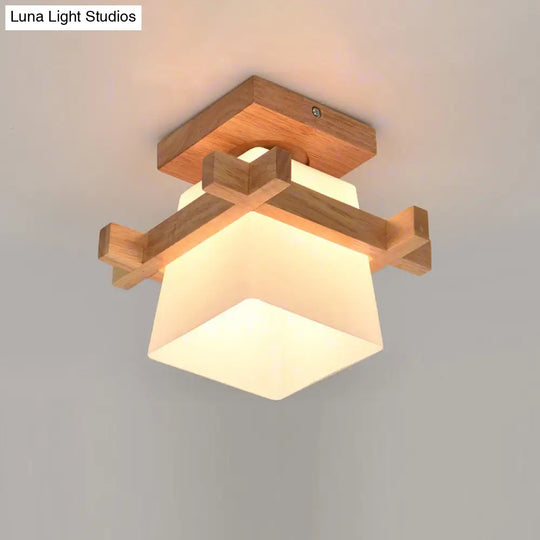 Japanese Wood Square Flush Mount Ceiling Light With White Glass Shade - Ideal For Corridors