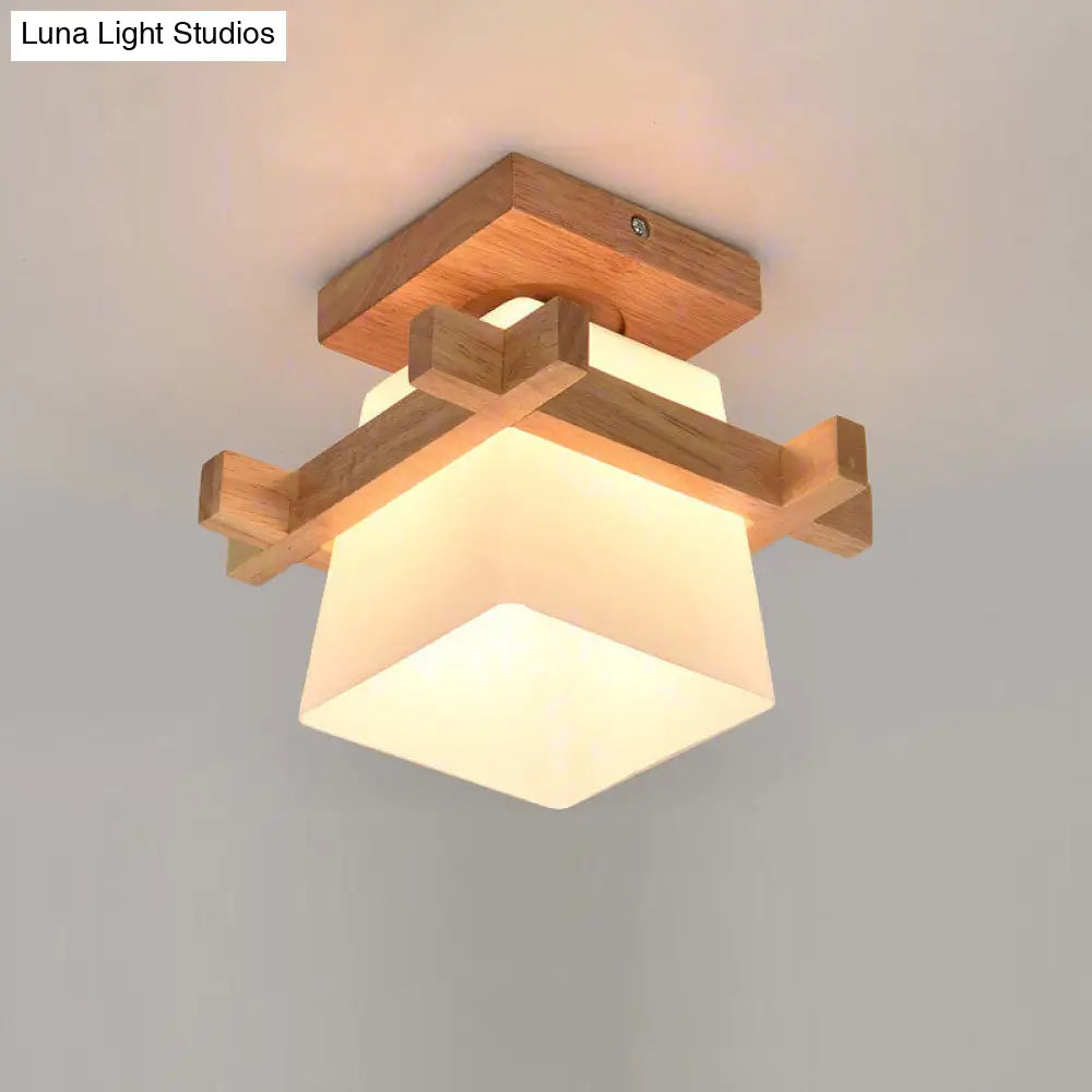 Japanese Wood Square Flush Mount Ceiling Light With White Glass Shade - Ideal For Corridors