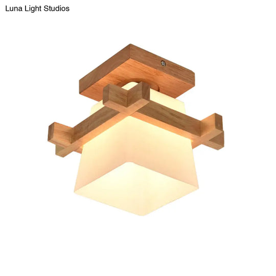 Japanese Wood Square Flush Mount Ceiling Light With White Glass Shade - Ideal For Corridors