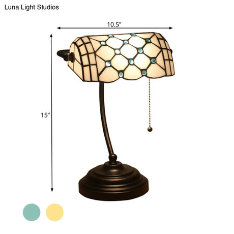 Jeweled Beige Glass Pull Chain Tiffany Style Table Lamp In Blue/Gold With Curved Arm