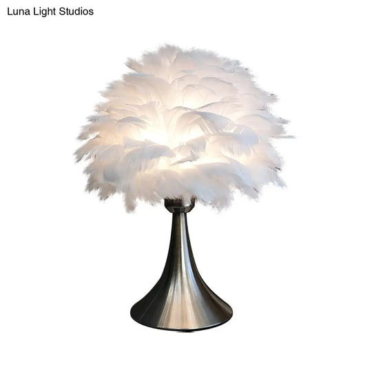 Contemporary Feather Grey/White Led Night Table Lamp - Tree-Inspired Reading Light For Study Room
