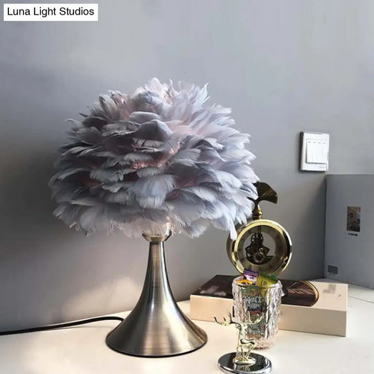 Contemporary Feather Grey/White Led Night Table Lamp - Tree-Inspired Reading Light For Study Room