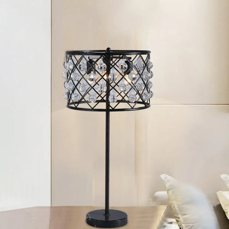 Justine - Modernist Grid Nightstand Light With Drum Design Crystal Drip Lamp Black