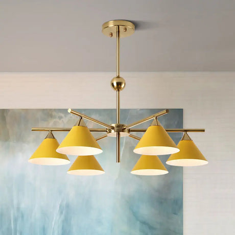 Kid Bedroom 6-Head Macaron Candy Colored Chandelier: Metallic Pyramid Design Hanging Light Yellow