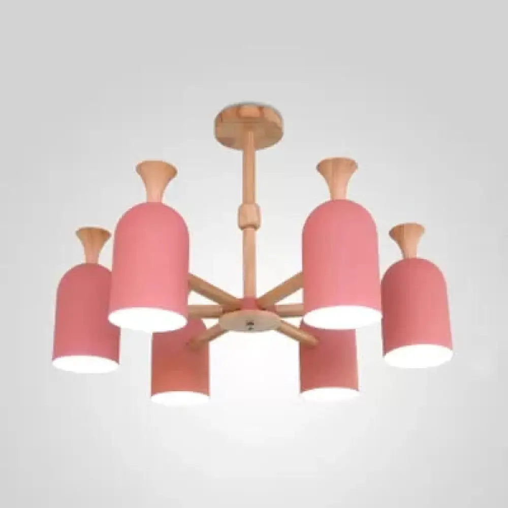 Kid Bedroom Candy Colored Goblet Chandelier - Macaron Loft Wood Hanging Light 6 / Pink