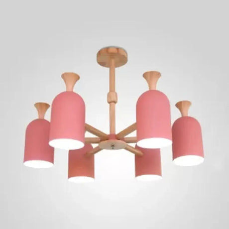 Kid Bedroom Candy Colored Goblet Chandelier - Macaron Loft Wood Hanging Light 6 / Pink