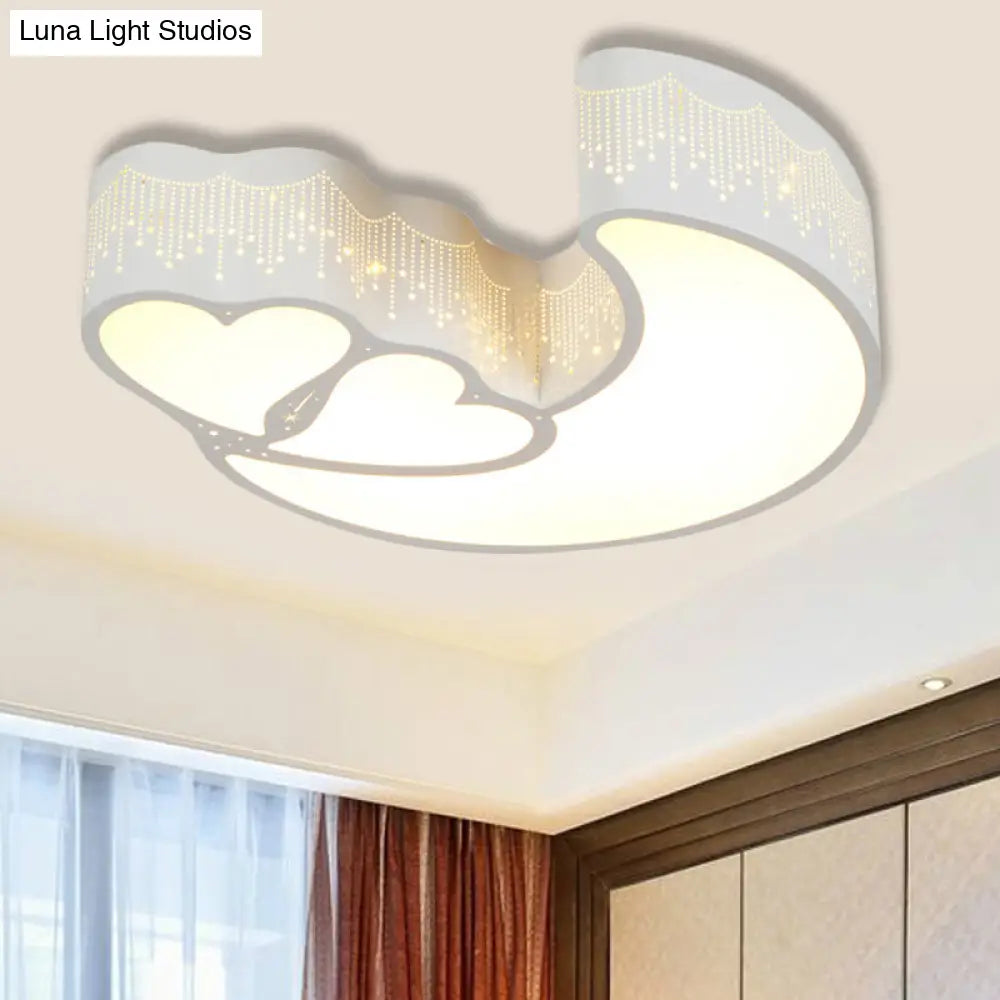 Kid Bedroom Led Flush Ceiling Lamp - Contemporary Heart & Crescent Design In White / Third Gear