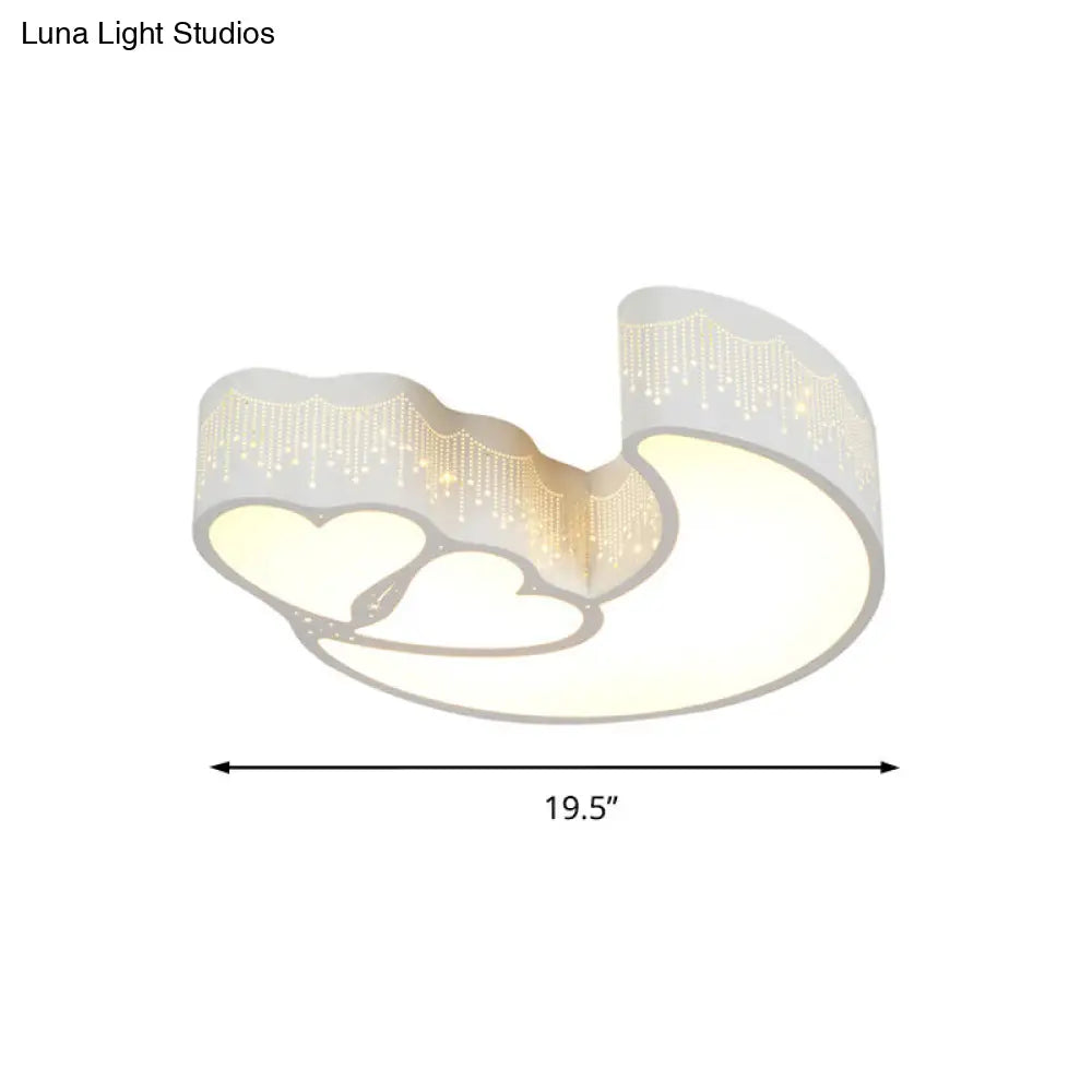 Kid Bedroom Led Flush Ceiling Lamp - Contemporary Heart & Crescent Design In White