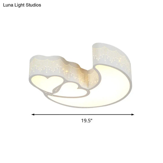 Kid Bedroom Led Flush Ceiling Lamp - Contemporary Heart & Crescent Design In White