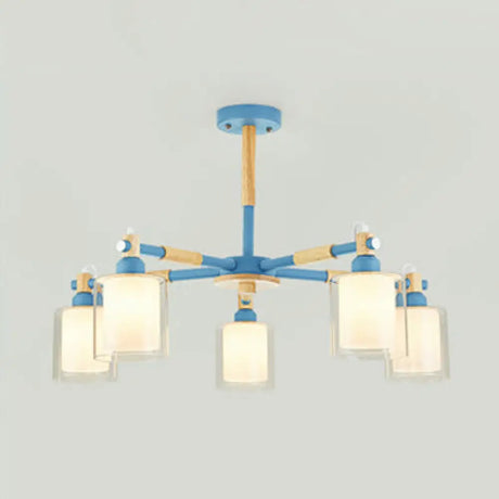 Kid Bedroom Pendant Light Fixture With 5 Bulbs - Simple Style Metal Cylinder Hanging Lights Blue