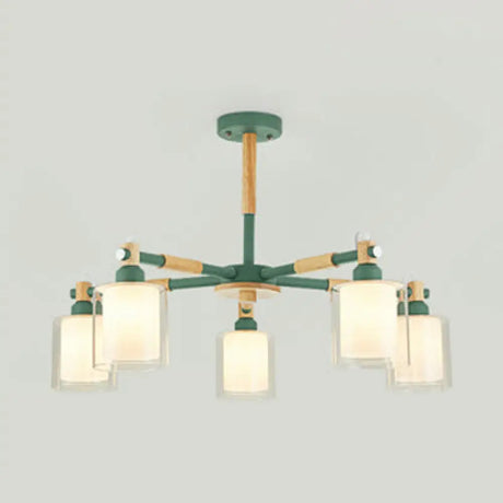 Kid Bedroom Pendant Light Fixture With 5 Bulbs - Simple Style Metal Cylinder Hanging Lights Green