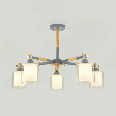 Kid Bedroom Pendant Light Fixture With 5 Bulbs - Simple Style Metal Cylinder Hanging Lights Grey