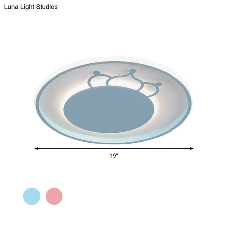 Kid Crown Led Flushmount Light In Pink/Blue - Ultra - Thin Bedroom Ceiling Fixture