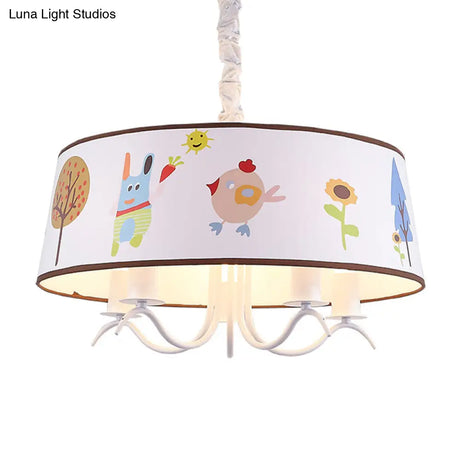 Kid-Friendly White Fabric Drum Chandelier With Cute Animal Pendant Light