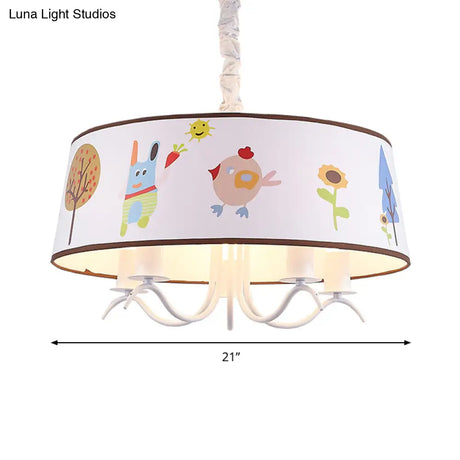 Kid-Friendly White Fabric Drum Chandelier With Cute Animal Pendant Light