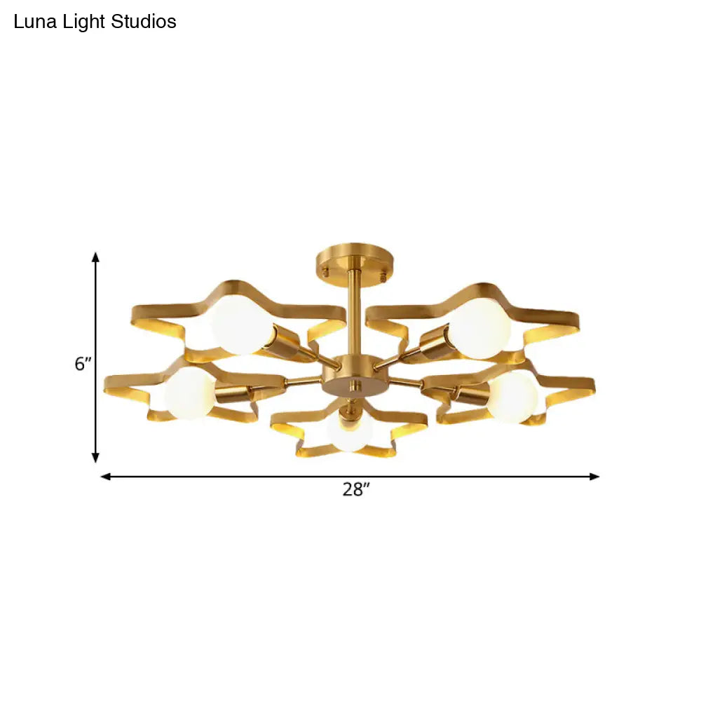Kid Gold Pentagram Semi Flush Ceiling Light With Metal Frame - 3/4/5-Head Flushmount