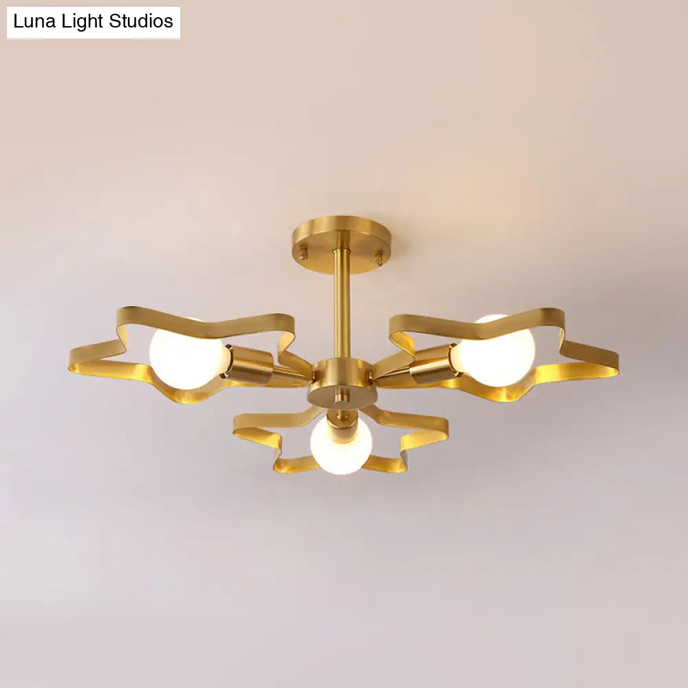Kid Gold Pentagram Semi Flush Ceiling Light With Metal Frame - 3/4/5 - Head Flushmount