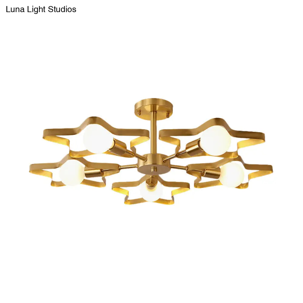 Kid Gold Pentagram Semi Flush Ceiling Light With Metal Frame - 3/4/5 - Head Flushmount