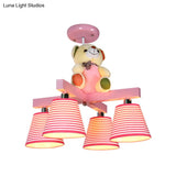 Kids’ 4-Bulb Pink Barrel Semi-Mount Fabric Ceiling Lamp With Bear Decor
