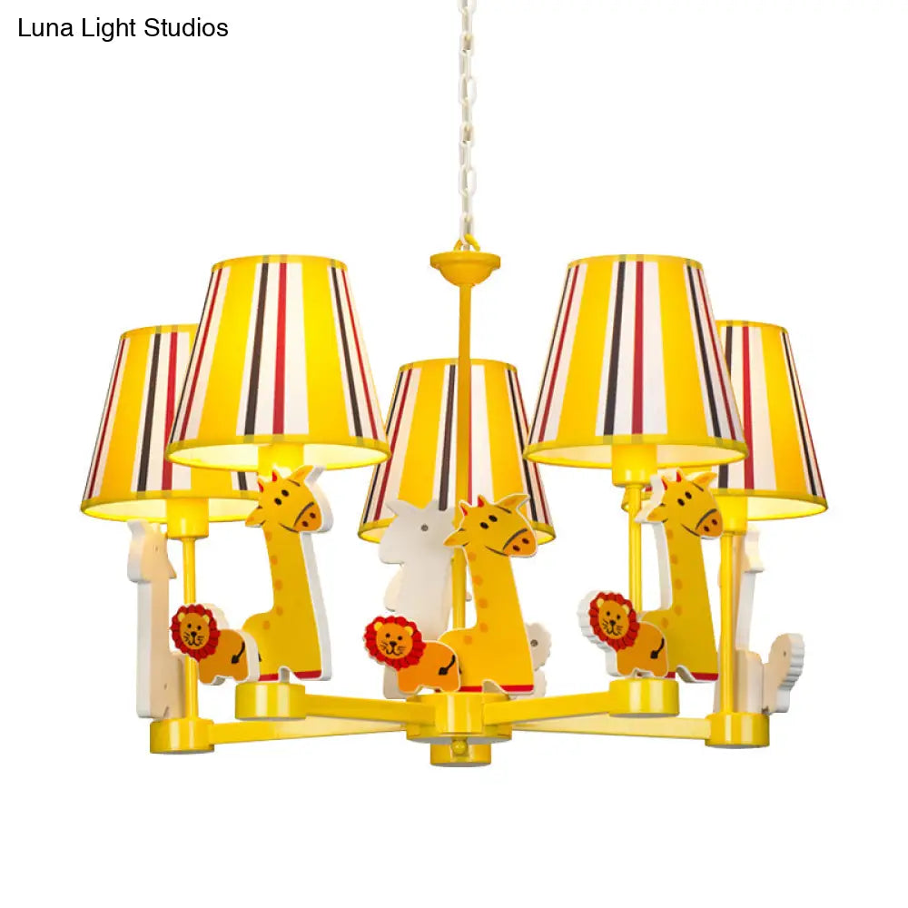 Kids Bedroom Cartoon Giraffe & Lion Chandelier - Yellow Metal Pendant Light With 5 Heads