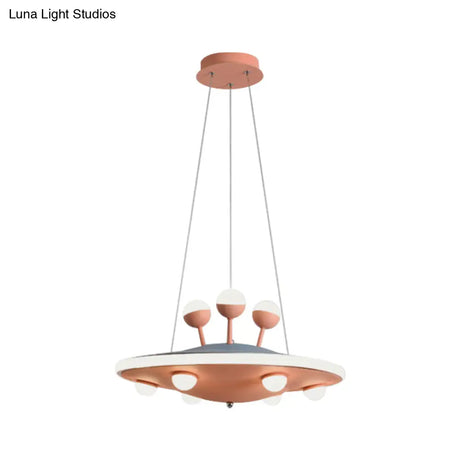 Kids Bedroom Ceiling Chandelier - Cartoon Ufo Metal Led Pendant Light In Pink/Blue