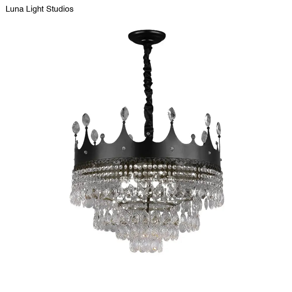 Kids Black Metal Crown Chandelier Lighting With Crystal Drop Decor - 4/5/6 Lights Ideal For Dining