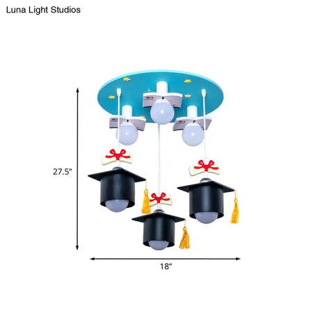 Kid’s Blue Square Cap Resin Ceiling Light With 3 Flush Lights For Bedroom