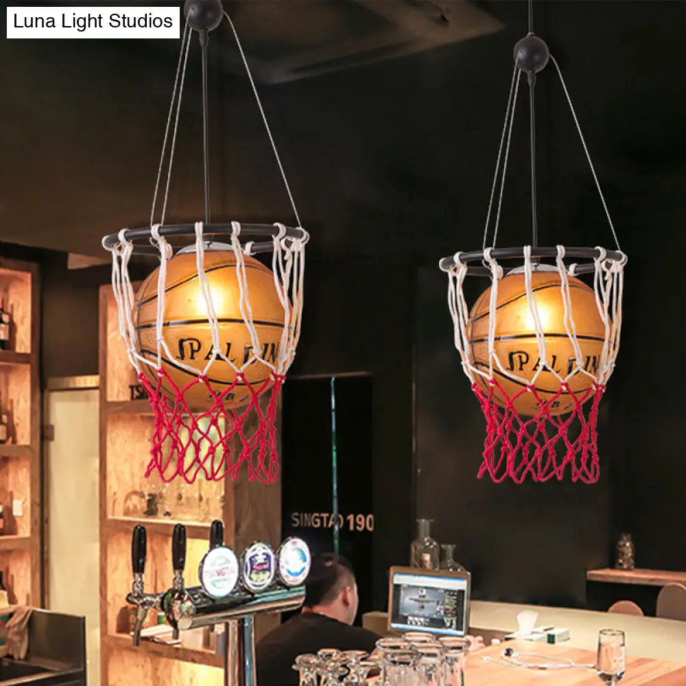 Kids Brown Basketball Ceiling Light With Acrylic Shade 1-Light Restaurant Hanging Lamp