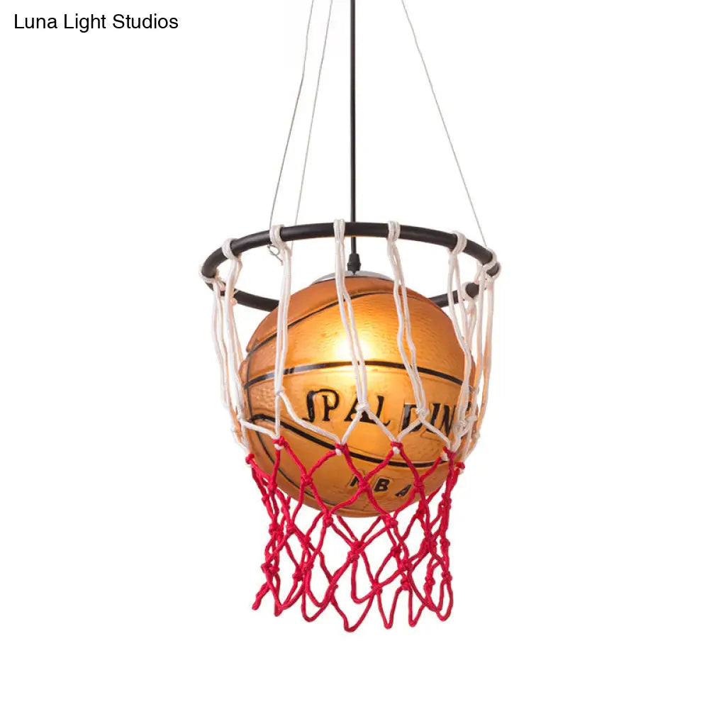 Kids Brown Basketball Ceiling Light With Acrylic Shade 1-Light Restaurant Hanging Lamp