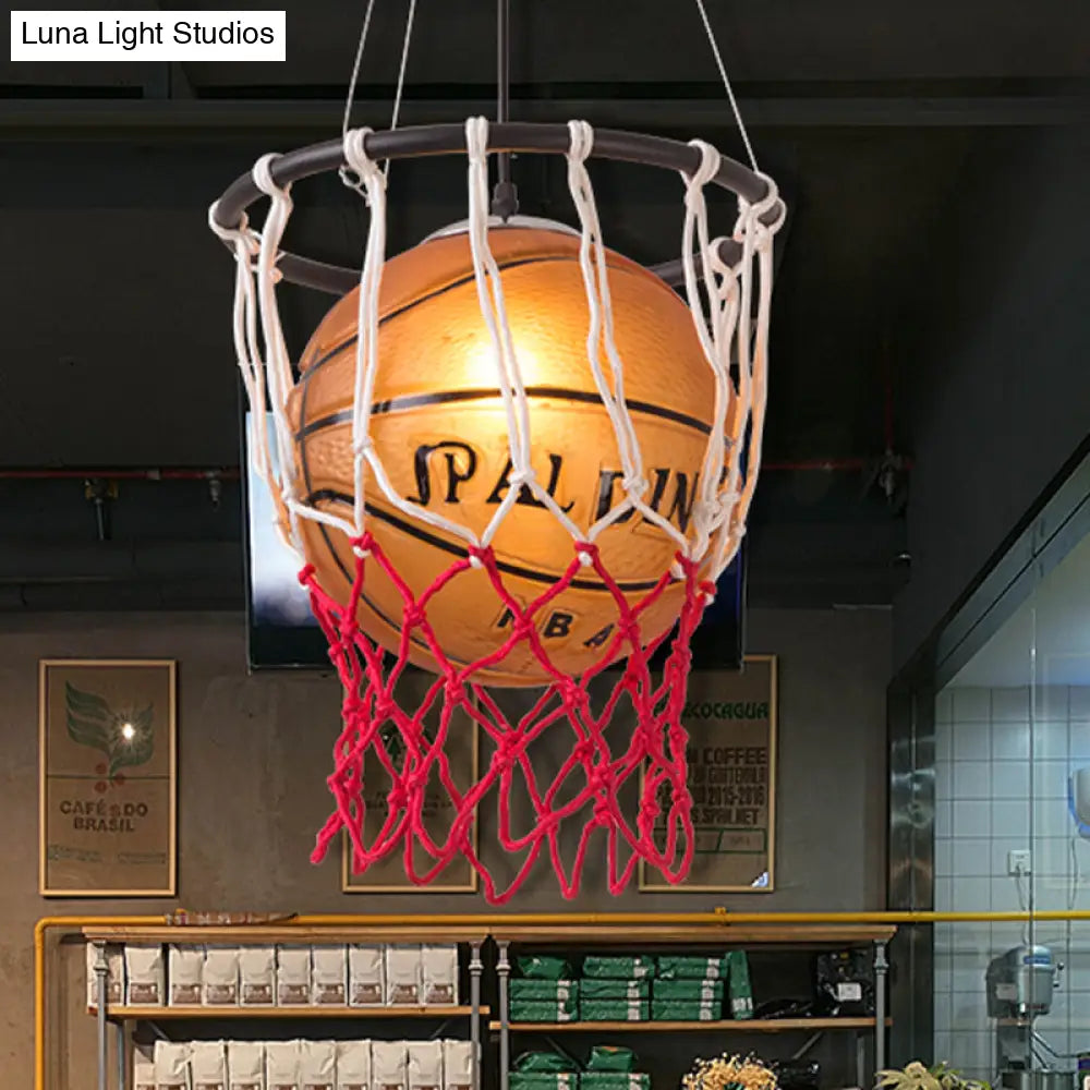 Kids Brown Basketball Ceiling Light With Acrylic Shade 1-Light Restaurant Hanging Lamp