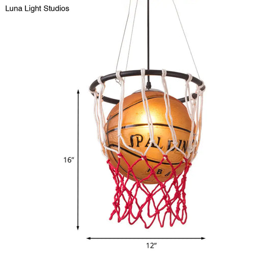 Kids Brown Basketball Ceiling Light With Acrylic Shade 1-Light Restaurant Hanging Lamp