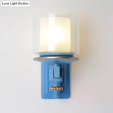 Kids Clear And Frosted Glass Wall Lamp Kit With Blue Arm - Child Room Sconce Fixture 2 Shades 1 Head