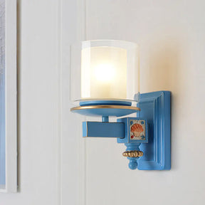 Kids Clear And Frosted Glass Wall Lamp Kit With Blue Arm - Child Room Sconce Fixture 2 Shades 1 Head