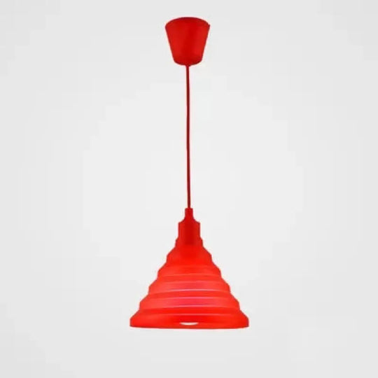 Kids Colorful Hanging Pendant Light For Game Room - Single Head Metal Conical Design Red