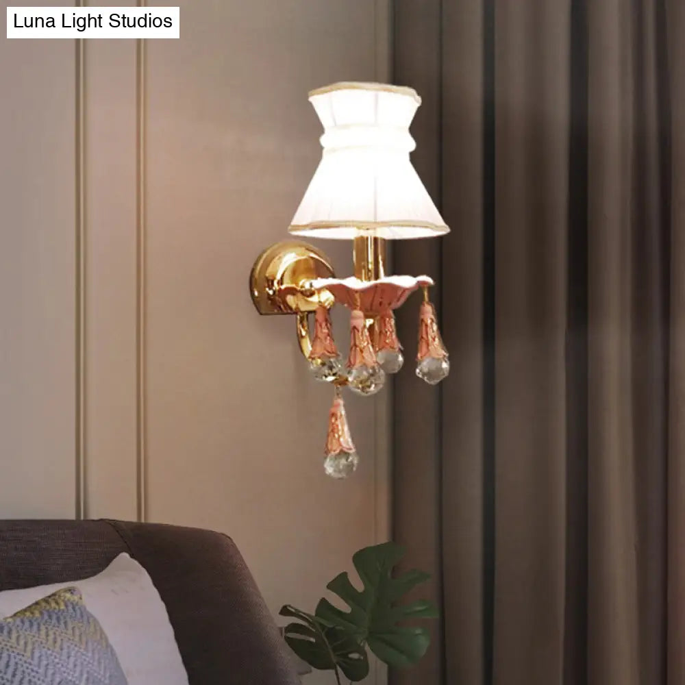 Kids Fabric Cone Wall Mount Light - Pink/Blue Lamp With Crystal Orbit Decor