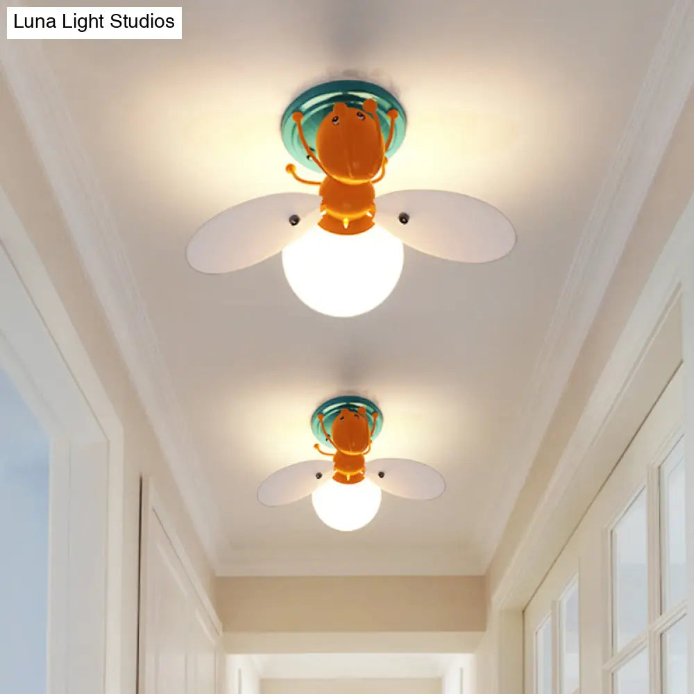 Childrens Firefly White Glass Flush Mount Light With 1 Orange Bulb - Ideal For Corridors