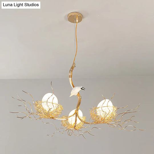 Kids Gold Chandelier - Cafe Thin Branch Pendant Lighting With Egg & Bird Accents 3 Metal Lights
