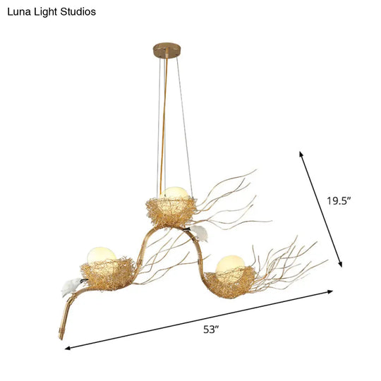 Kids Gold Chandelier - Cafe Thin Branch Pendant Lighting With Egg & Bird Accents 3 Metal Lights