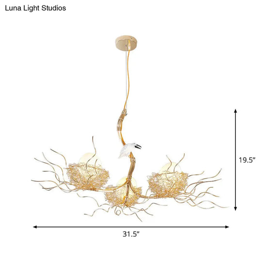 Kids Gold Chandelier - Cafe Thin Branch Pendant Lighting With Egg & Bird Accents 3 Metal Lights