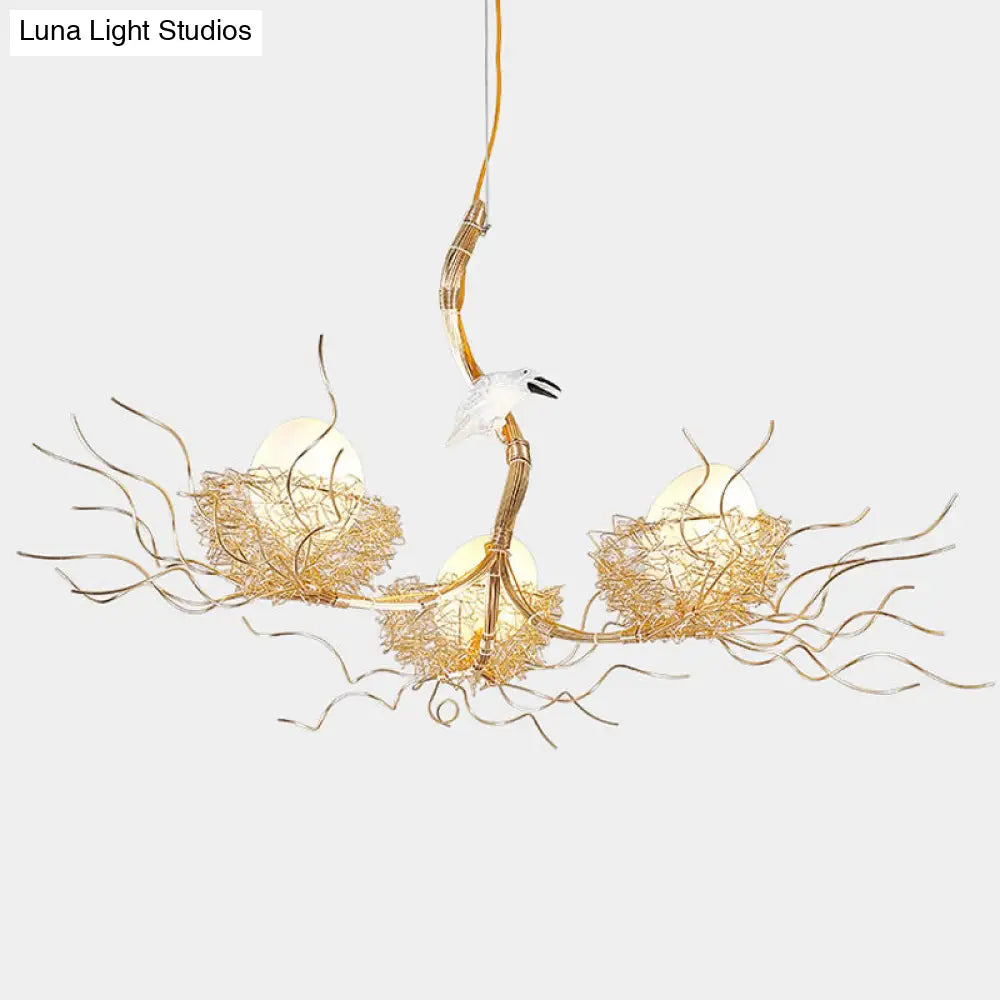 Kids Gold Chandelier - Cafe Thin Branch Pendant Lighting With Egg & Bird Accents 3 Metal Lights