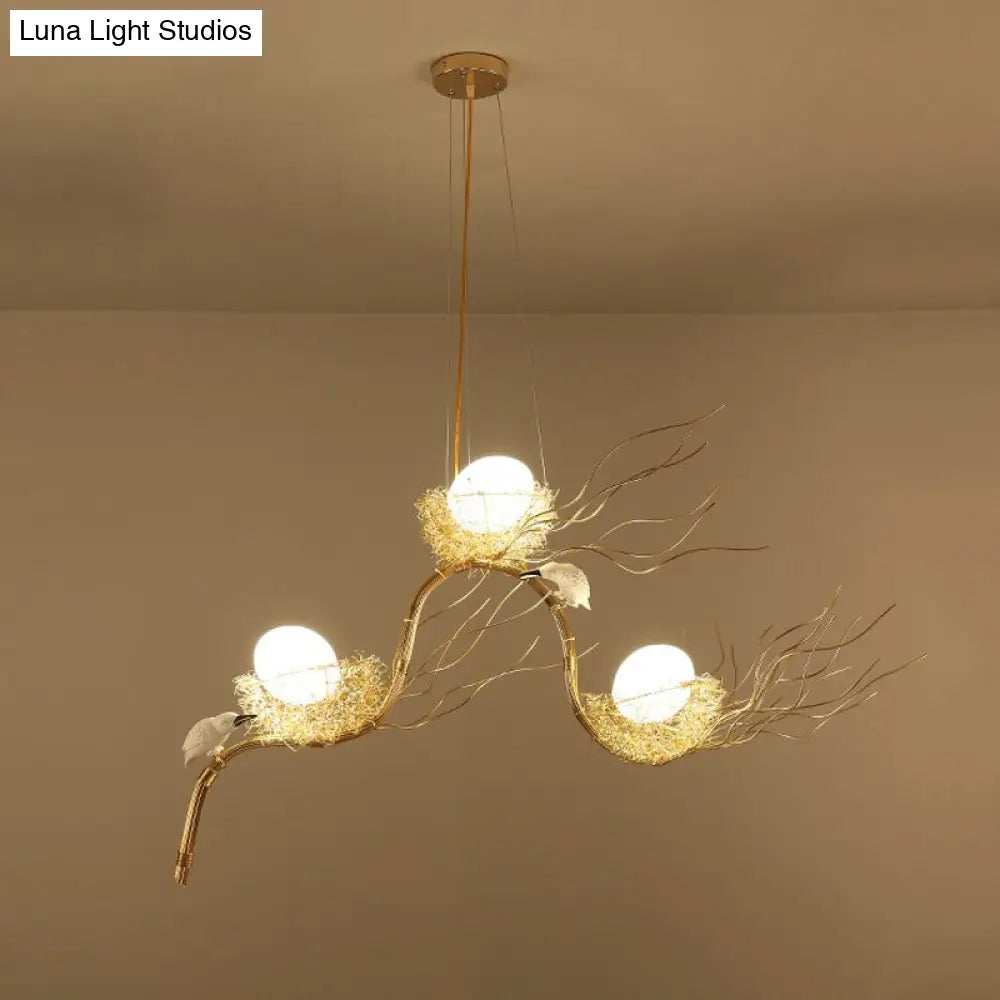 Kids Gold Chandelier - Cafe Thin Branch Pendant Lighting With Egg & Bird Accents 3 Metal Lights