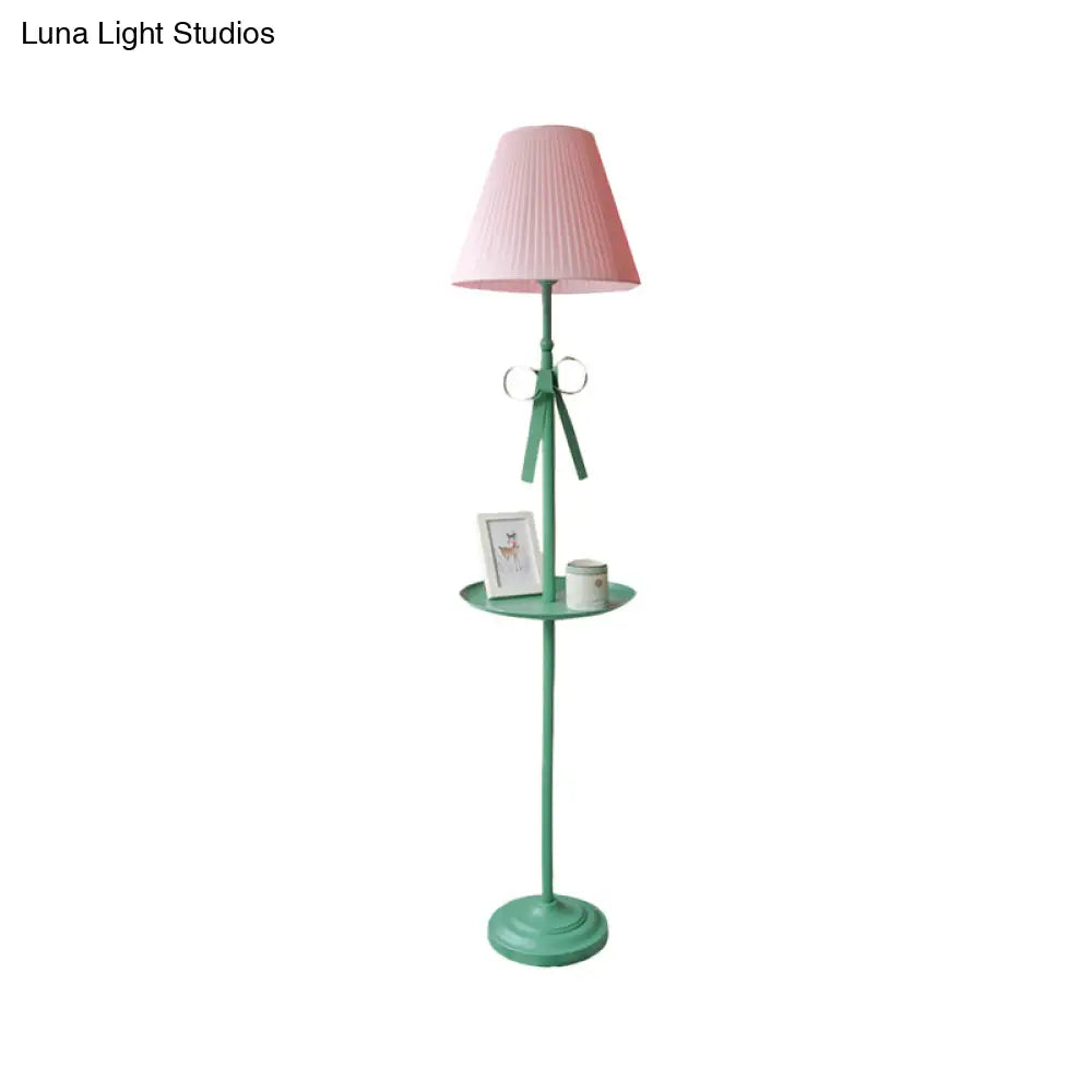 Kids Iron Single Green Floor Lamp With Pleated Beige/Pink Shade - Ribbon Standing Light