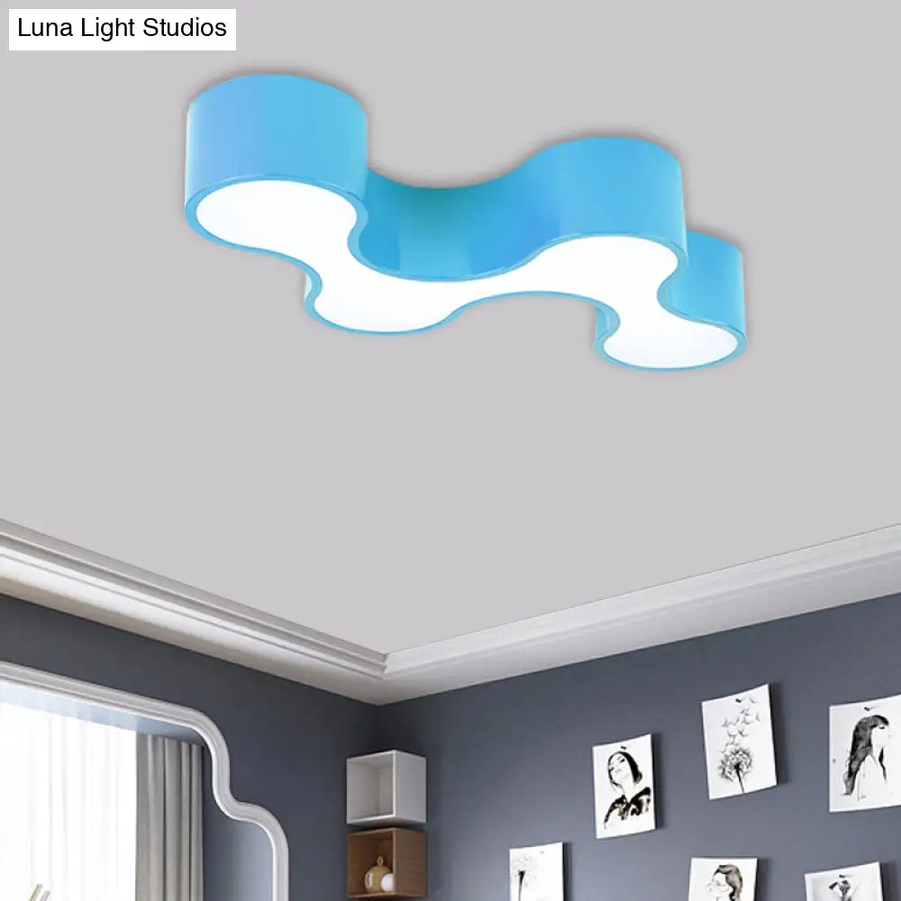 Kids Led Bedroom Flush Mount Lamp Fun Blue/Yellow/Green Ceiling Lighting With Earthworm Acrylic
