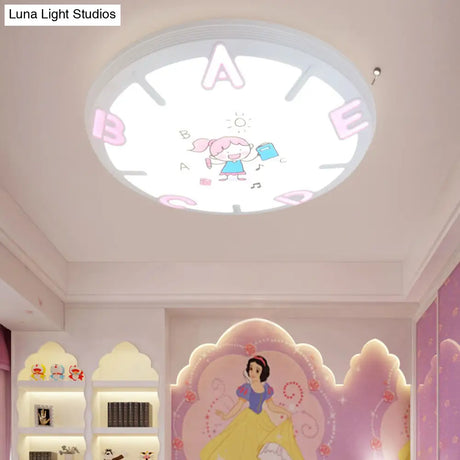 Kids Led Flush Ceiling Light With Letter Pattern In Blue/Pink - Round Shade Plastic Pendant Ideal
