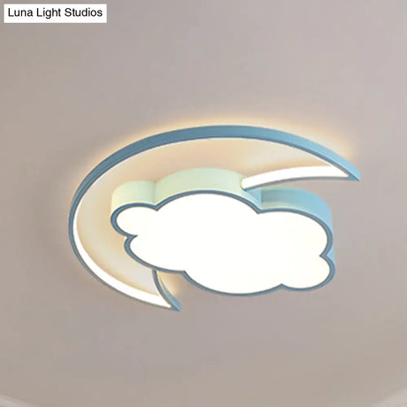 Kid’s Led Moon And Cloud Flushmount Ceiling Light In Blue/Pink
