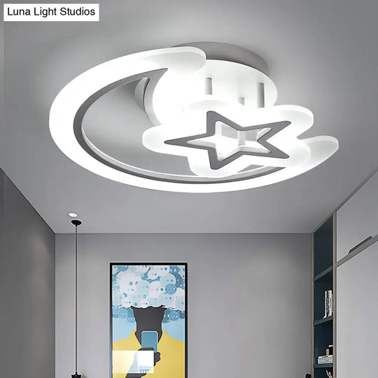 Kids’ Moon And Star Ceiling Lamp - White Led Semi Flush Mount For Bedroom / 19.5’