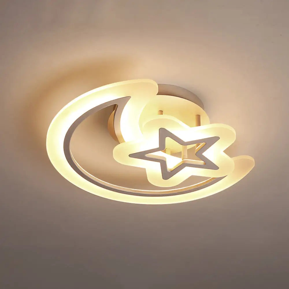 Kids’ Moon And Star Ceiling Lamp - White Led Semi Flush Mount For Bedroom / 19.5’ Remote