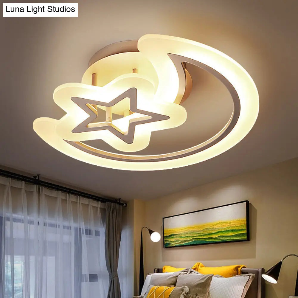 Kids Moon And Star Ceiling Lamp - White Led Semi Flush Mount For Bedroom
