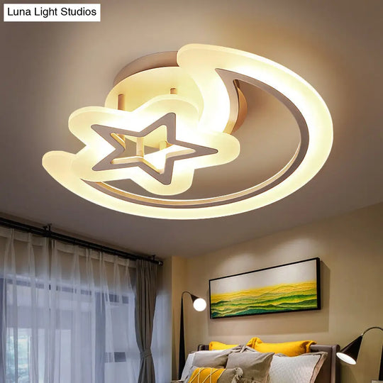 Kids Moon And Star Ceiling Lamp - White Led Semi Flush Mount For Bedroom