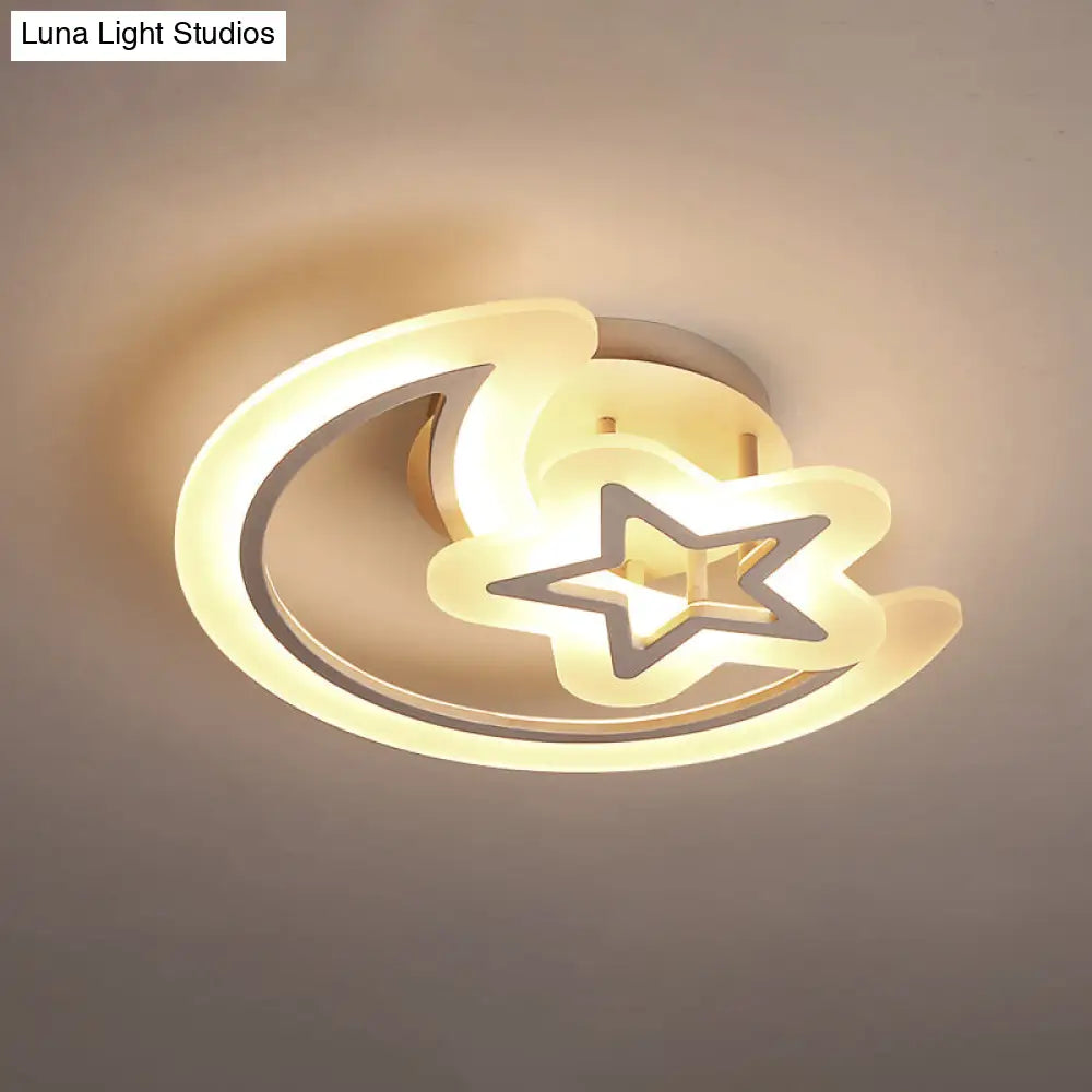 Kids Moon And Star Ceiling Lamp - White Led Semi Flush Mount For Bedroom / 19.5 Remote Control